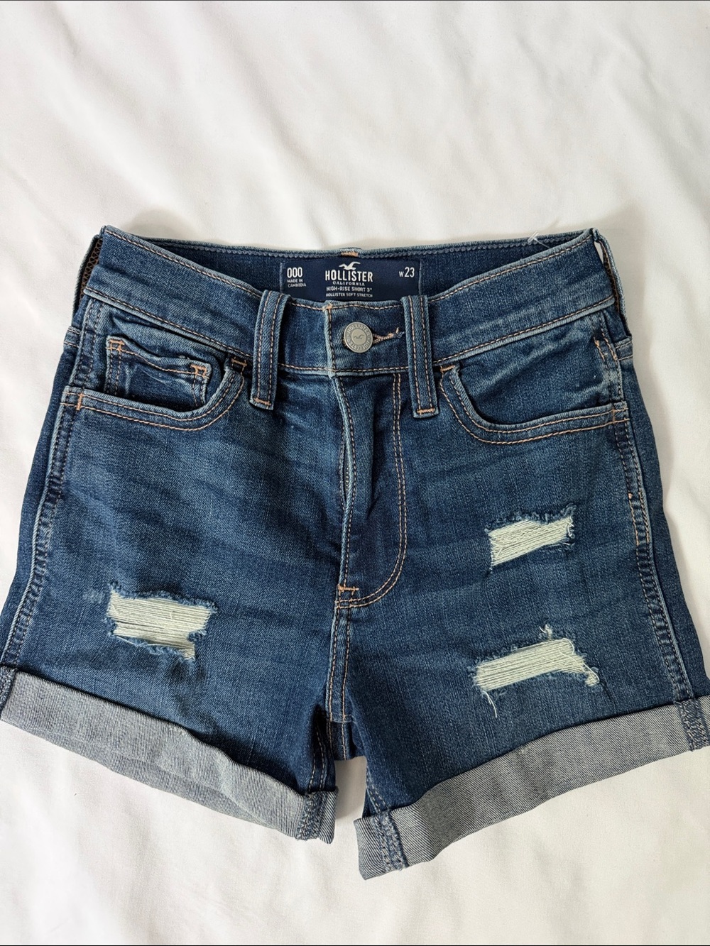 Hollister Dark Blue Distressed Rolled Hem Denim Shorts
